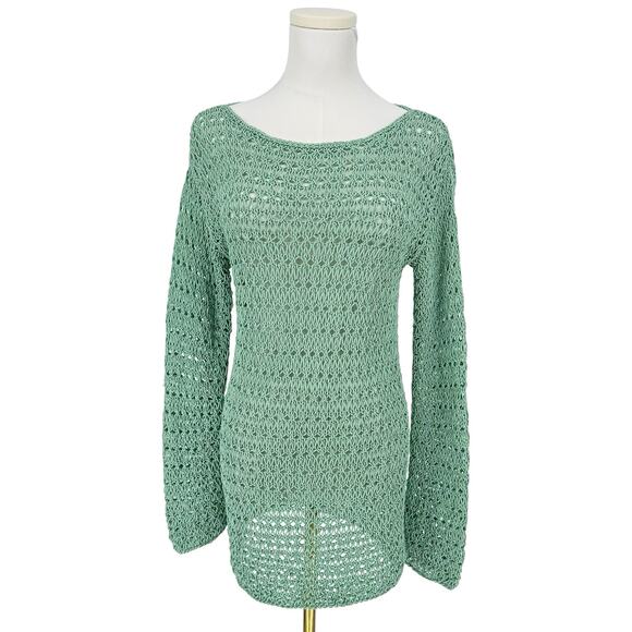 Y2K Vintage Coastal Boho Mint Green Crochet Tunic Open Knit Mid-Length Fits S-M - Picture 1 of 4